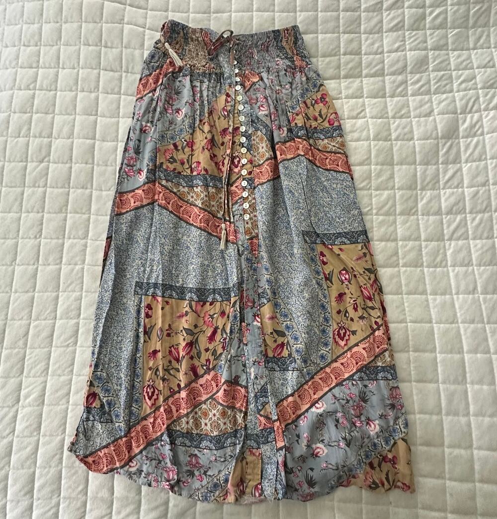 Christian Siriano Skirt Small Blue Floral Patchwork Maxi Peasant Granola Boho
